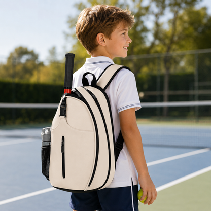 Enfant portant le sac tennis enfant blanc sur un court de tennis avec raquette et gourde