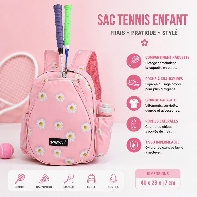 Sac tennis enfant rose à fleurs avec compartiment raquette et poches de rangement avec details 