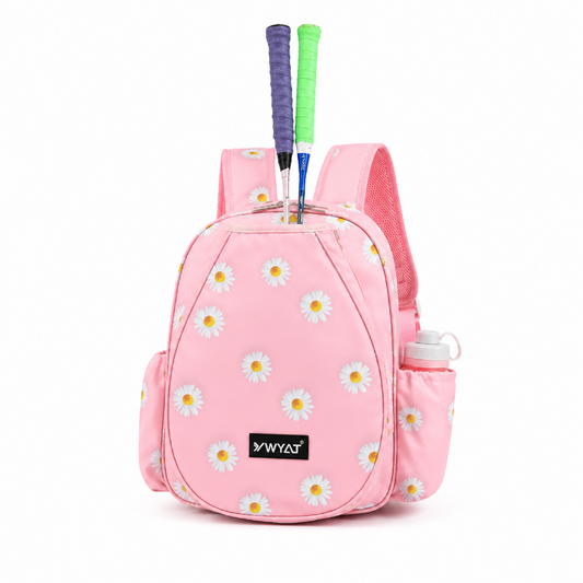 Sac tennis enfant rose à fleurs avec compartiment raquette et poches de rangement face 