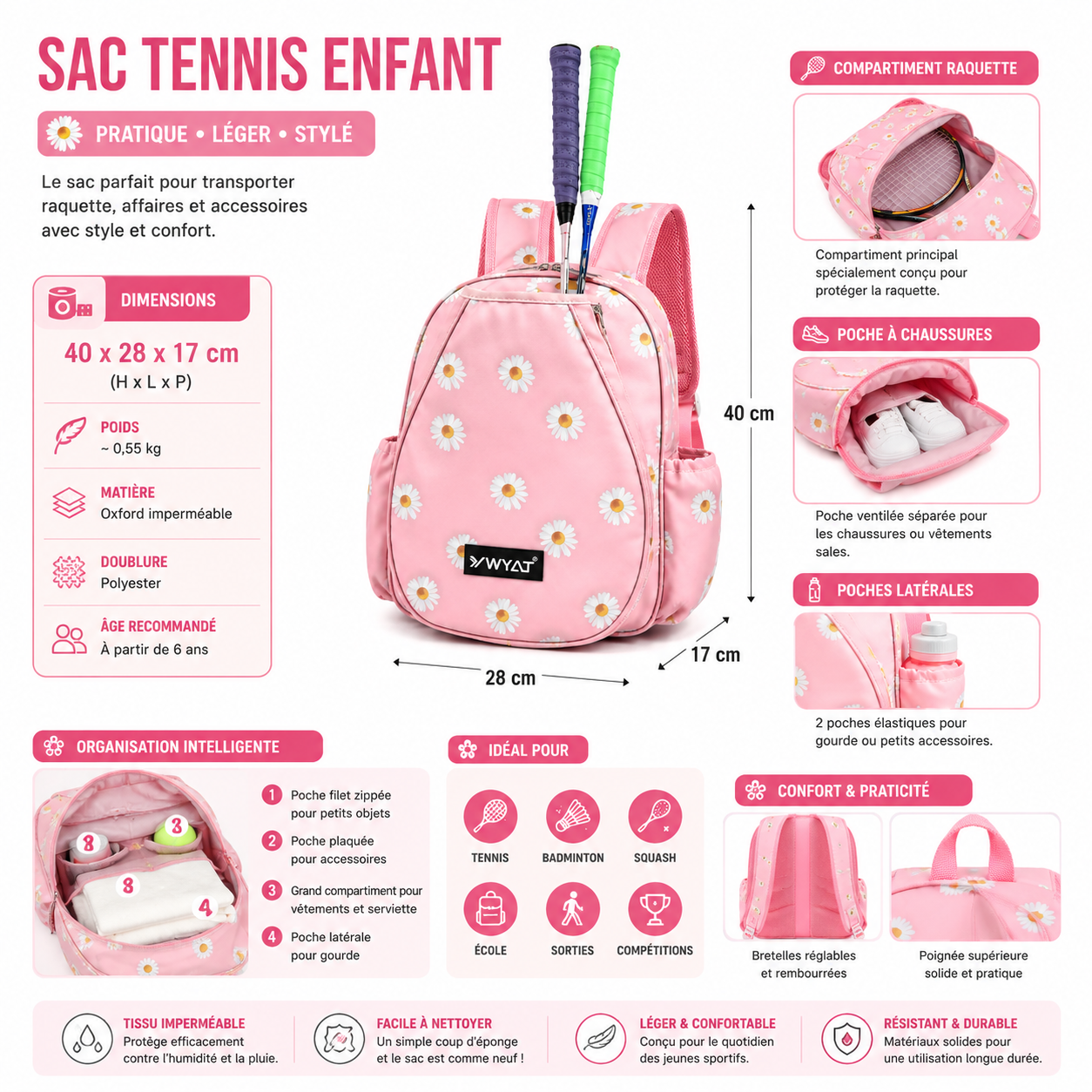 Dimensions et caractéristiques du sac tennis enfant rose à fleurs avec compartiment raquette, poche chaussures et rangement pour gourde.