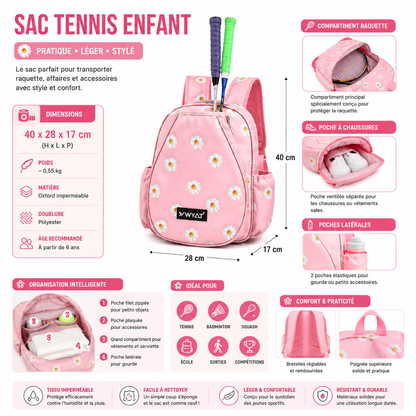 Dimensions et caractéristiques du sac tennis enfant rose à fleurs avec compartiment raquette, poche chaussures et rangement pour gourde.