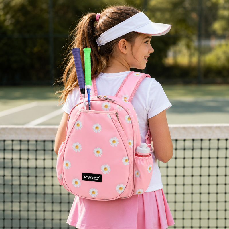 Enfant portant le sac tennis enfant rose à fleurs sur un court de tennis avec raquette et gourde 