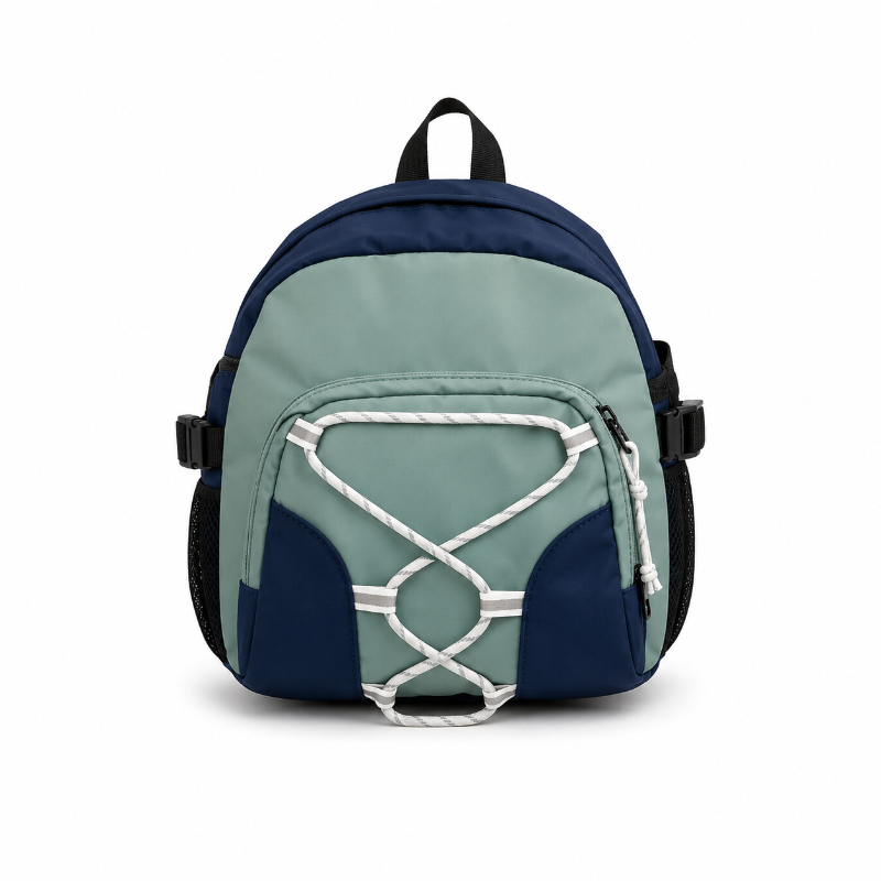 Sac à dos de randonnée enfant vert et bleu avec cordon avant