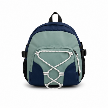Sac à dos de randonnée enfant vert et bleu avec cordon avant