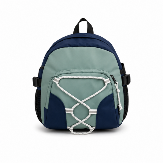 Sac à dos de randonnée enfant vert et bleu avec cordon avant