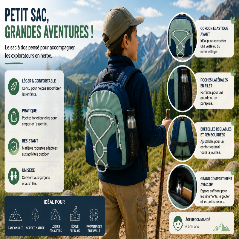 Sac à dos de randonnée enfant vert et bleu en situation outdoor avec présentation des détails et fonctionnalités.
