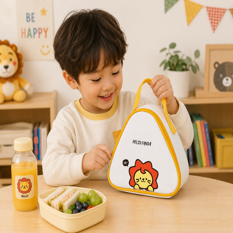 Garçon utilisant un sac goûter enfant lion isotherme pendant une pause repas