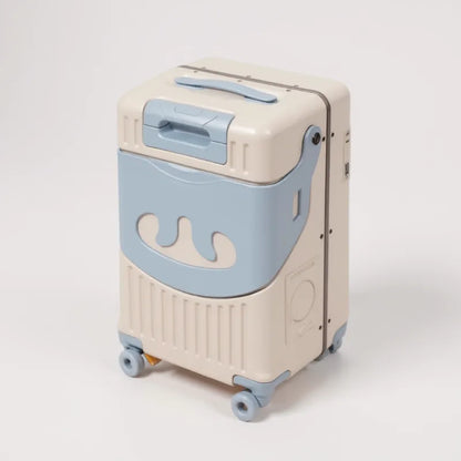 VALISE ENFANT ASSISE BLEU BLANC FERMEE