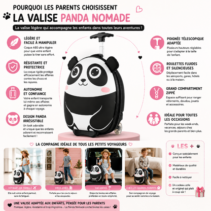 Pourquoi les parents choisissent la valise à roulettes enfant légère Panda Nomade pour son autonomie, sa légèreté et sa coque protectrice.