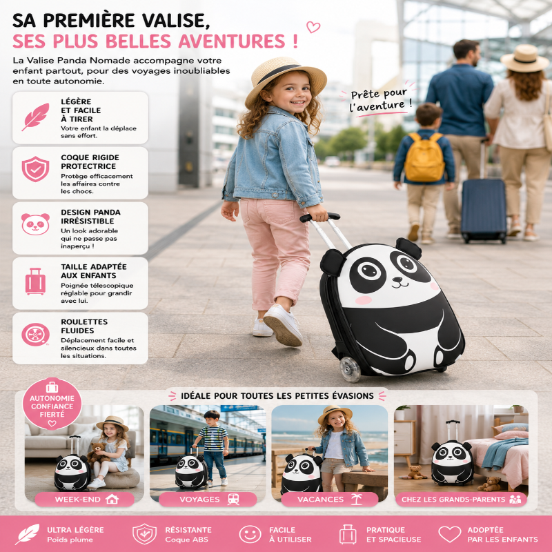 Enfant tirant la valise à roulettes enfant légère Panda Nomade dans un aéroport, illustrant l’autonomie, la maniabilité et le plaisir de voyager avec ses propres affaires.