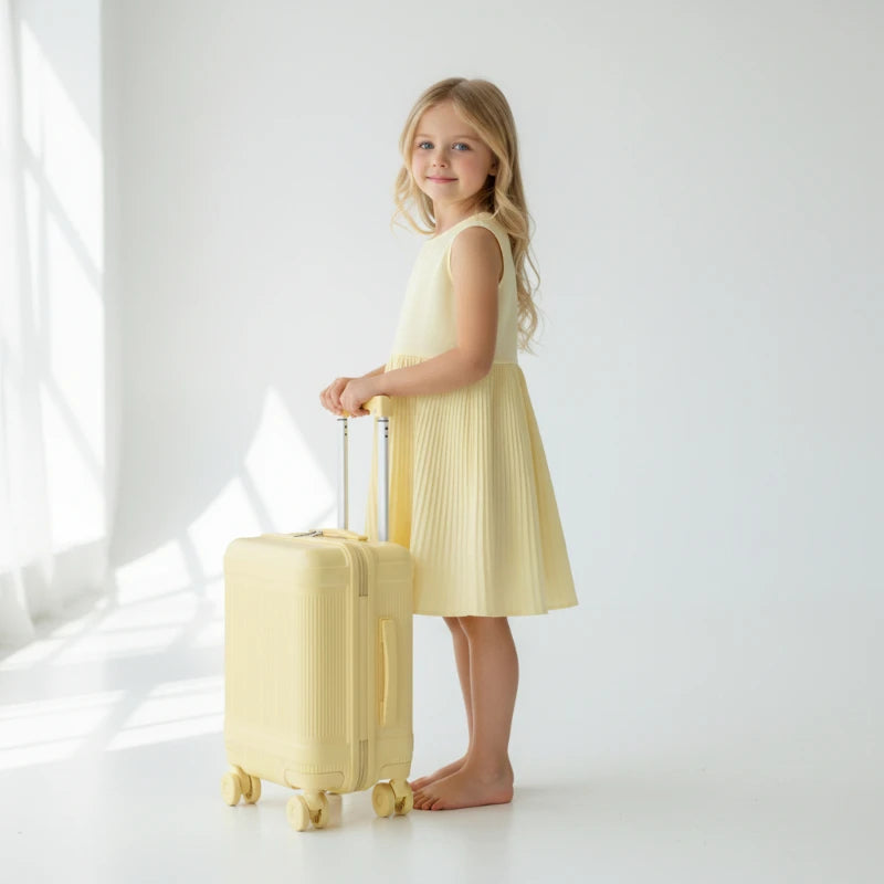 Valise jaune fille debout 
