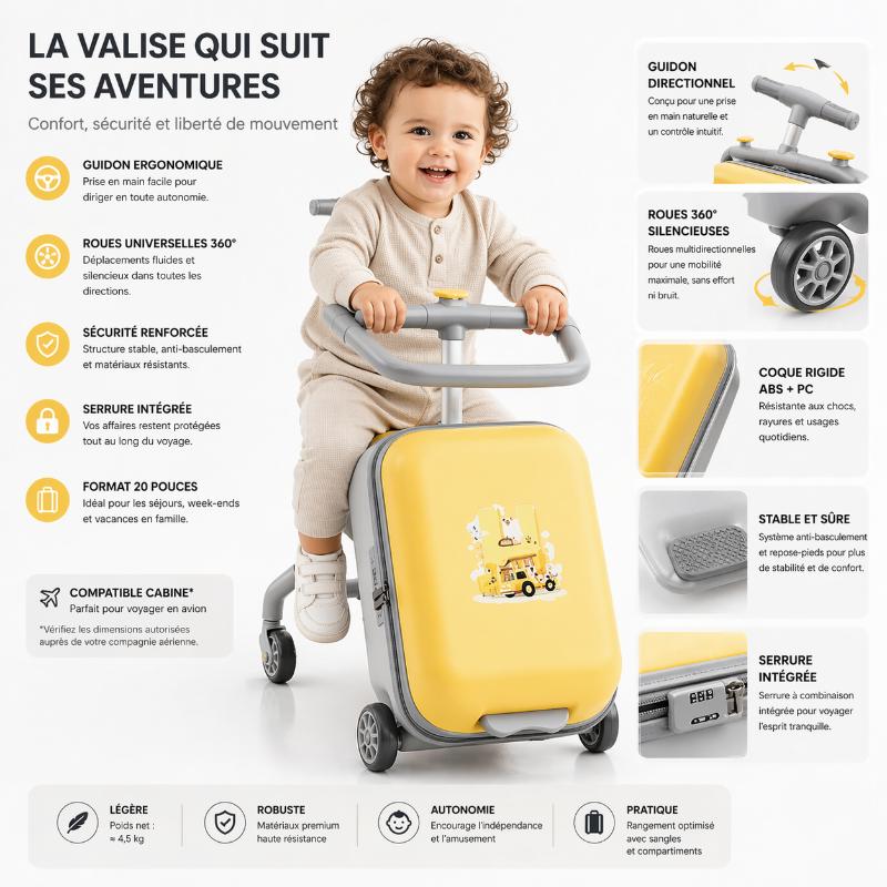 Valise chariot enfant jaune visuel assis  
