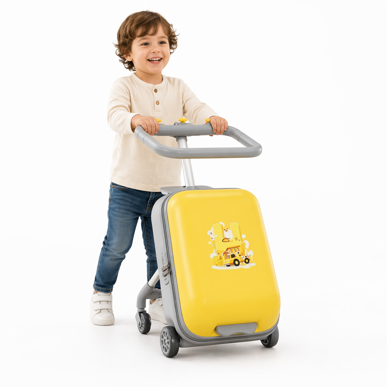 Valise chariot enfant jaune visuel face avec enfant 
