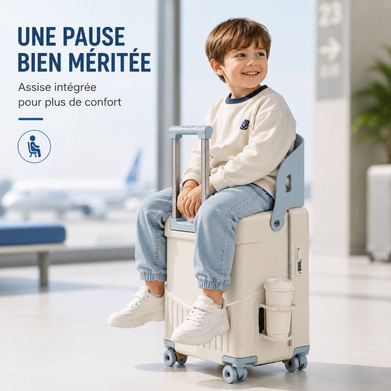 Valise enfant avec assise bleu blanc visuel assis 