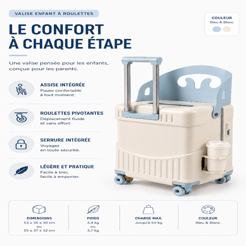 Valise enfant avec assise bleu blanc visuel infos