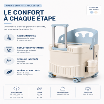Valise enfant avec assise bleu blanc visuel infos
