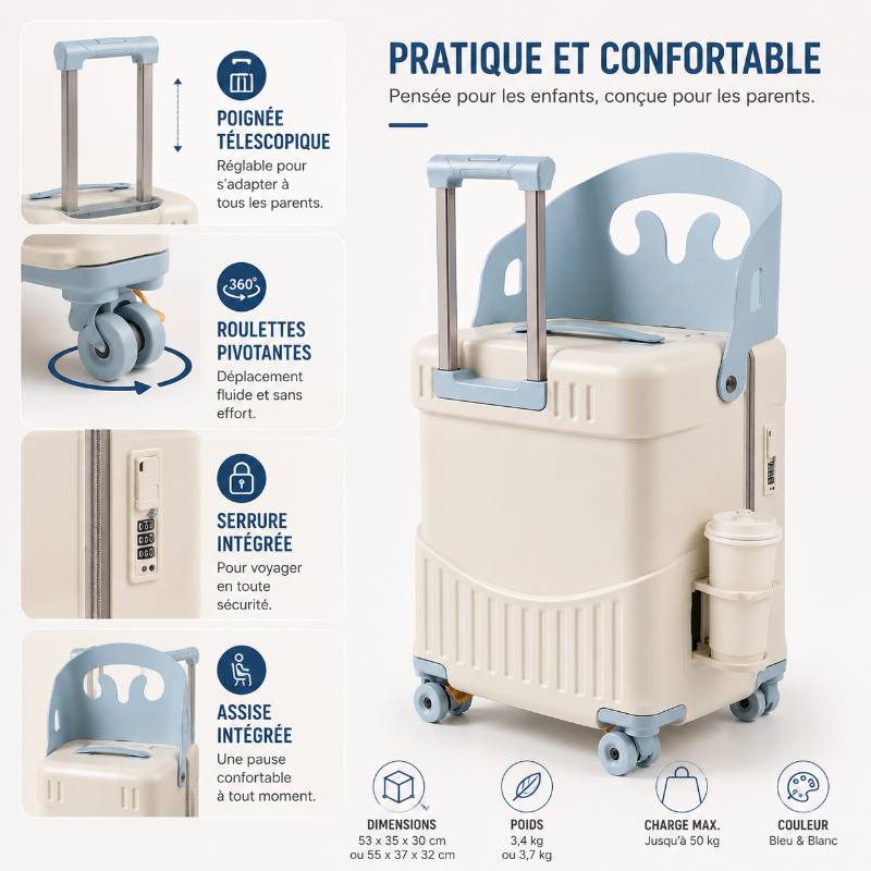 Valise enfant avec assise bleu blanc visuel details 
