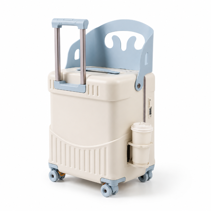 Valise enfant avec assise bleu blanc visuel face 
