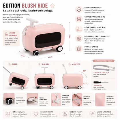 Valise enfant avec assise rose infographie 