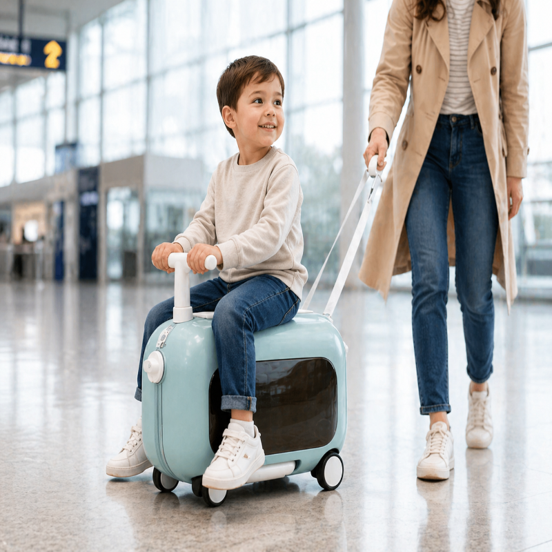 Valise enfant bleu avec assise avec enfant 