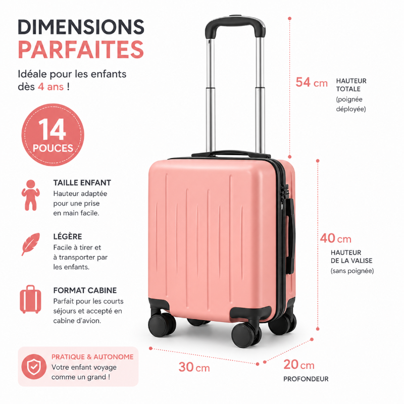 Valise fille à roulette rose or visuel dimensions 