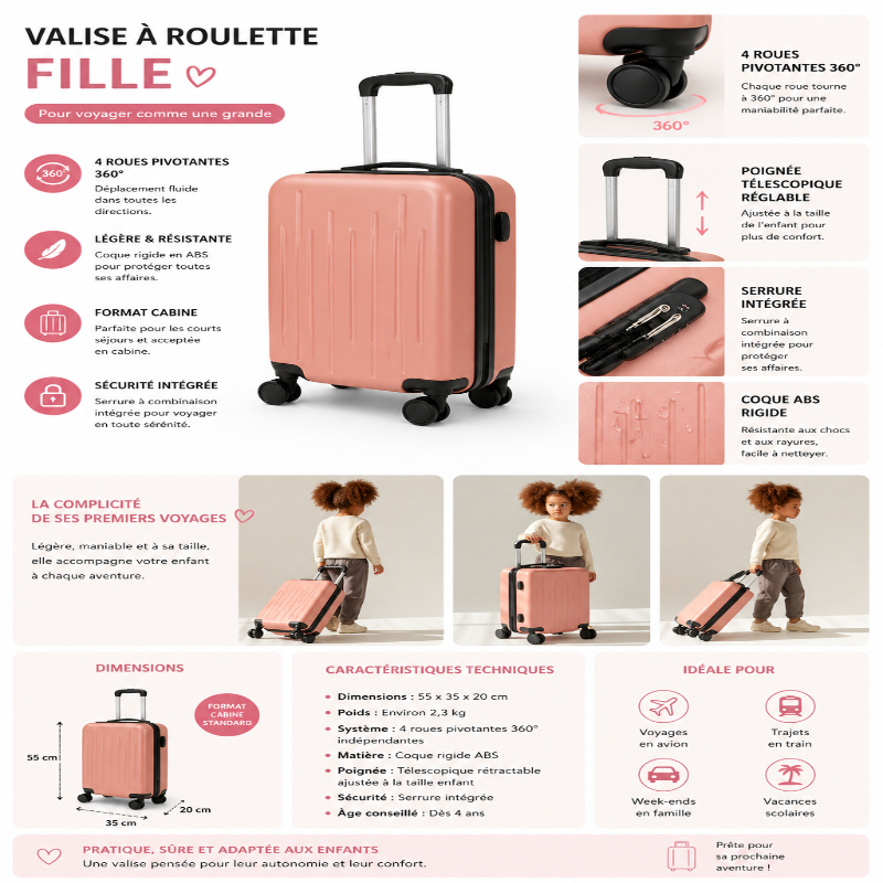 Valise fille à roulette rose or visuel infos 
