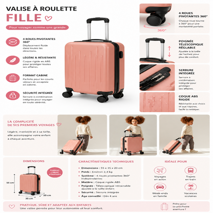 Valise fille à roulette rose or visuel infos 