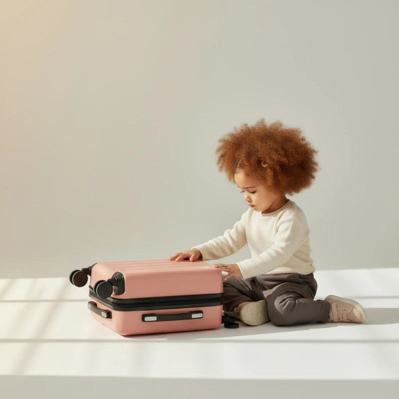 Valise à roulettes fille rose par terre 
