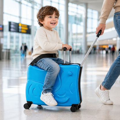 Valise trotinette enfant bleue produit avec enfant 