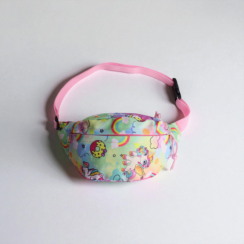 Banane sac enfant motif licorne et arc-en-ciel avec sangle rose