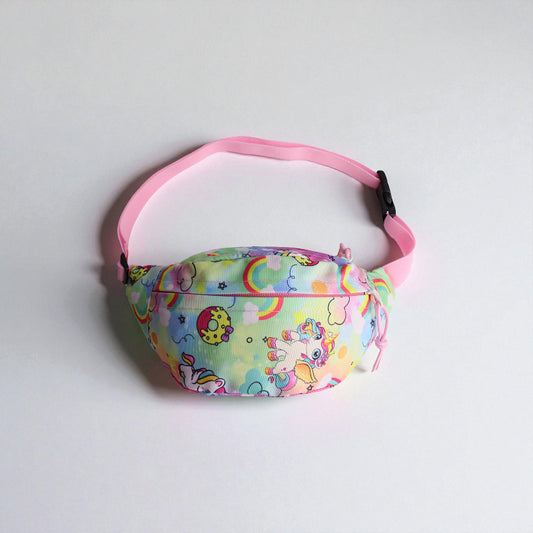 Banane sac enfant motif licorne et arc-en-ciel avec sangle rose