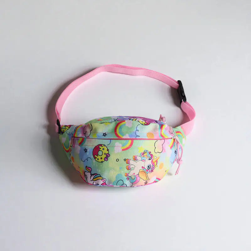 Banane sac enfant motif licorne et arc-en-ciel avec sangle rose