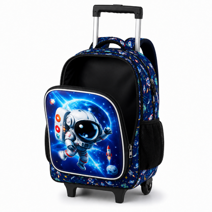 Compartiment principal ouvert du cartable à roulettes enfant Mission Cosmos