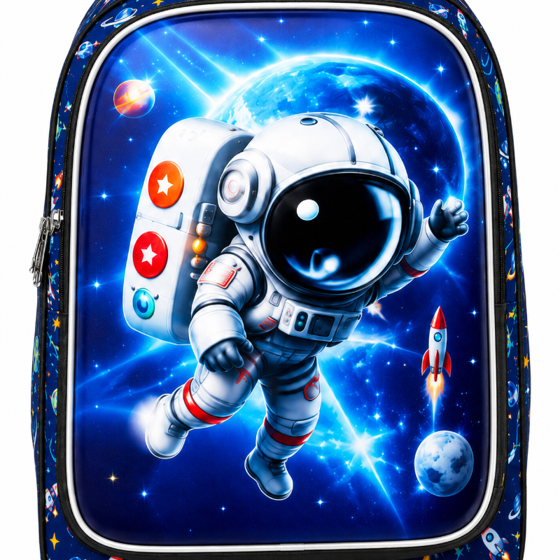 Détail de l’astronaute et des motifs spatiaux du cartable Mission Cosmos