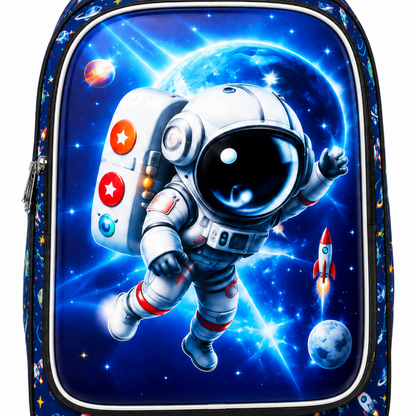 Détail de l’astronaute et des motifs spatiaux du cartable Mission Cosmos
