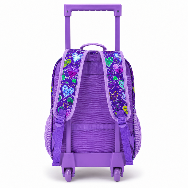 Vue arrière du cartable à roulettes enfant violet avec bretelles
