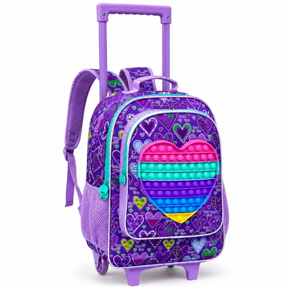Cartable à roulettes enfant violet avec cœur pop-it, vue de trois quarts