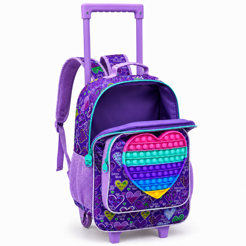 Compartiment principal ouvert du cartable à roulettes enfant violet