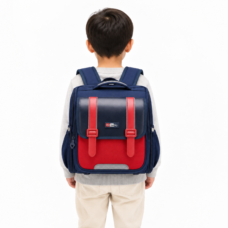 Enfant de CP portant un cartable bleu marine et rouge avec sangles à boucles et détail réfléchissant, vue de dos