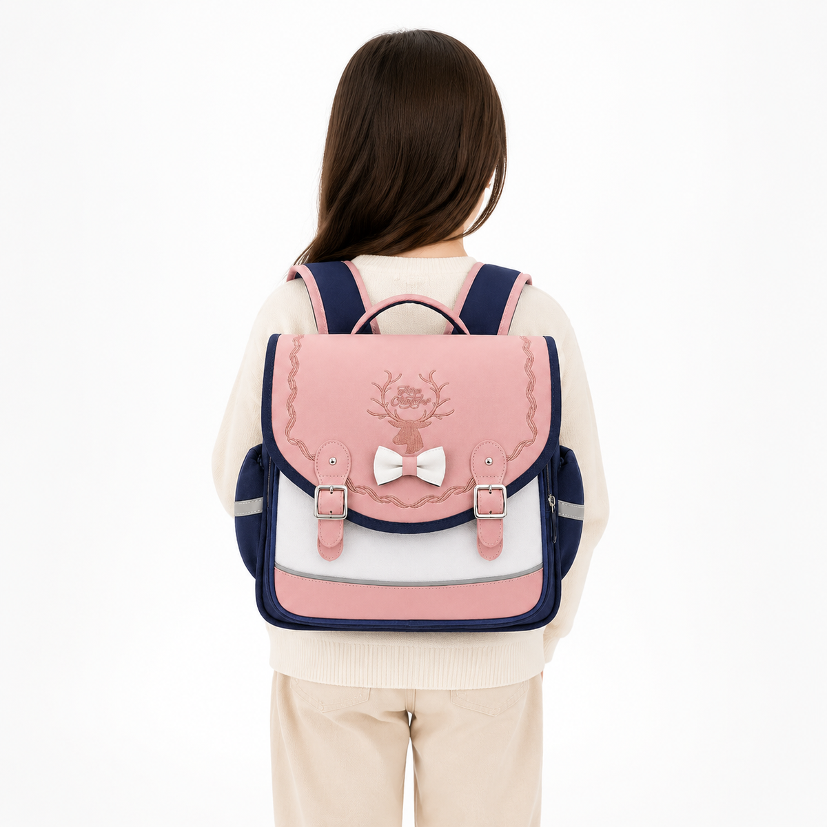 Enfant de CP portant un cartable rose et bleu marine avec cerf brodé, nœud blanc et boucles argentées, vue de dos