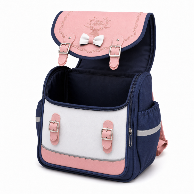 Compartiment principal ouvert du cartable CP fille rose et bleu marine