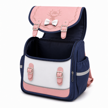 Compartiment principal ouvert du cartable CP fille rose et bleu marine