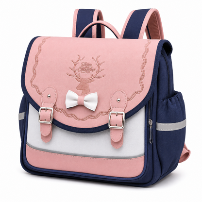 Cartable CP fille rose, blanc et bleu marine, vue de trois quarts