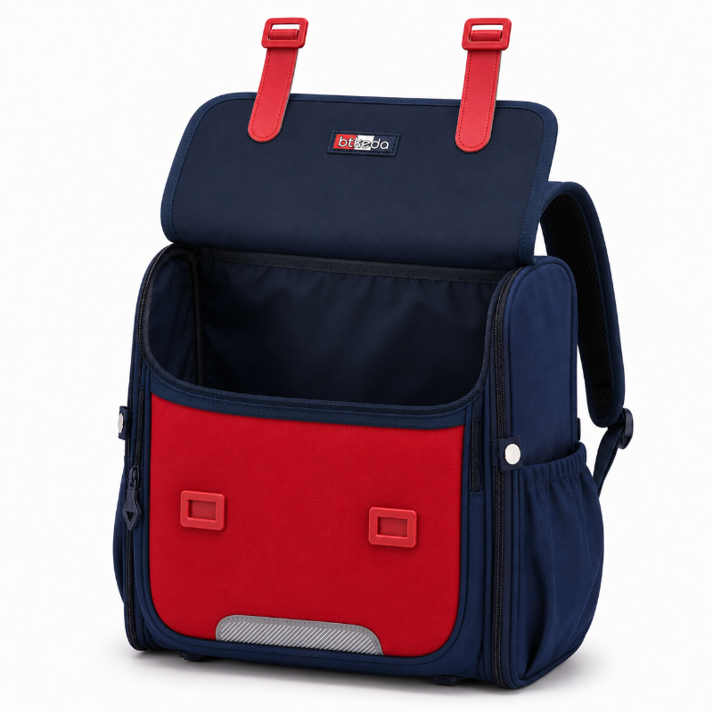 Compartiment principal ouvert du cartable CP garçon bleu marine et rouge