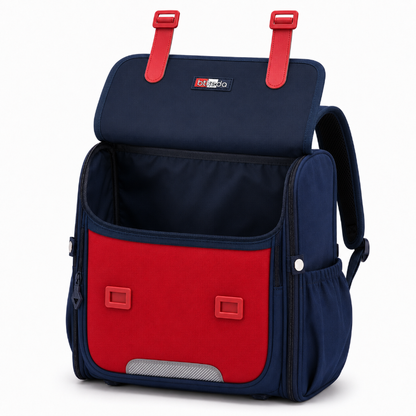 Compartiment principal ouvert du cartable CP garçon bleu marine et rouge