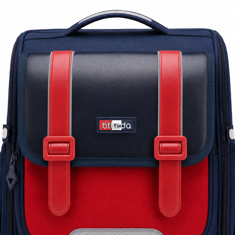 Détail du rabat et des boucles rouges du cartable CP garçon bleu marine