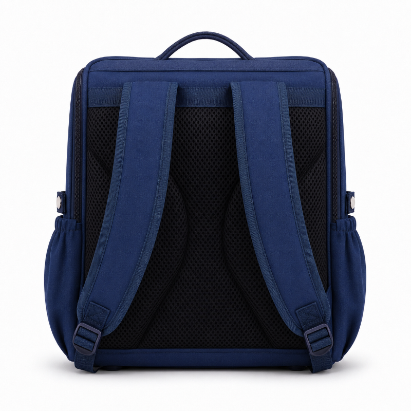 Vue arrière du cartable CP garçon bleu marine et rouge avec bretelles