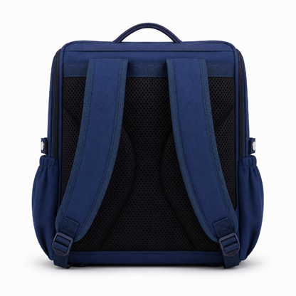Vue arrière du cartable CP garçon bleu marine et rouge avec bretelles