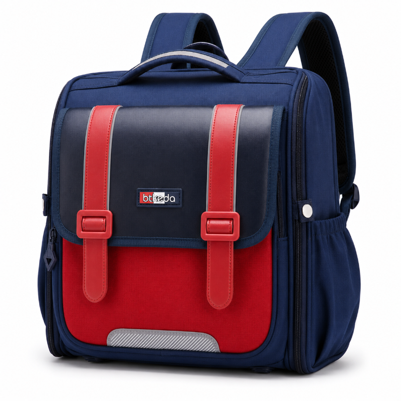 Cartable CP garçon bleu marine et rouge, vue de trois quarts