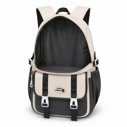 Cartable enfant beige et noir avec compartiment principal largement ouvert et intérieur entièrement vide
